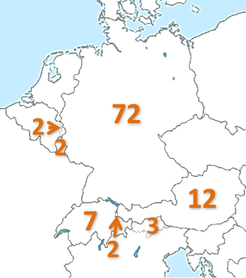 Teilnahme Beschränkung bei der MusterHausCrowd in Deutschland mit 72, Österreich mit 12, der Schweiz mit 7, Südtirol (Italien) mit 3, sowie Luxemburg, Liechtenstein und der DG (Deutschsprachige Gemeinschaft) Belgien jeweils mit 2 Teilnehmern.