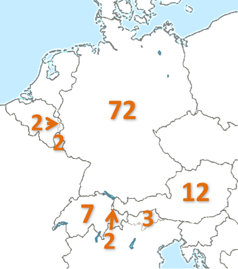 Teilnahme Beschränkung bei der MusterHausCrowd in Deutschland mit 72, Österreich mit 12, der Schweiz mit 7, Südtirol (Italien) mit 3, sowie Luxemburg, Liechtenstein und der DG (Deutschsprachige Gemeinschaft) Belgien jeweils mit 2 Teilnehmern. 
